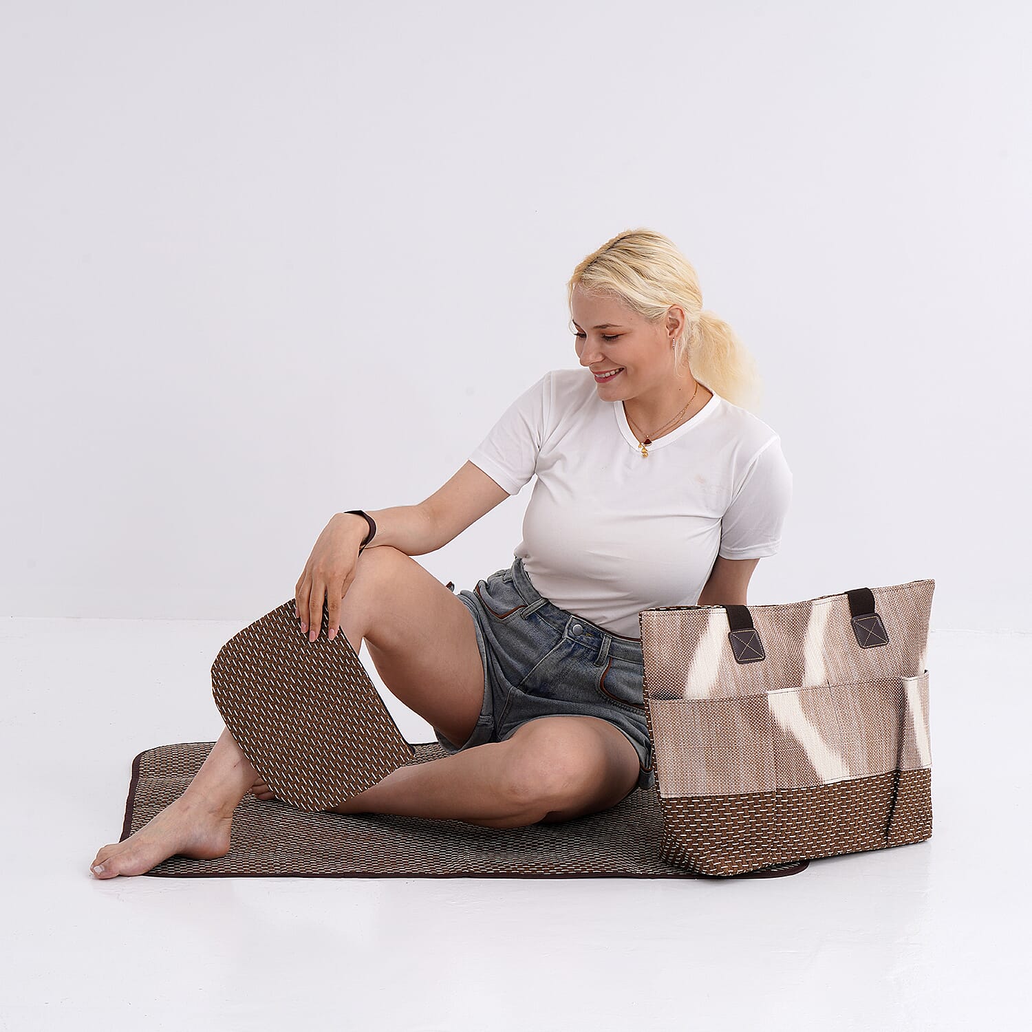 Set of 3- Khaki Tote Bag, Pouch & Picnic Mat