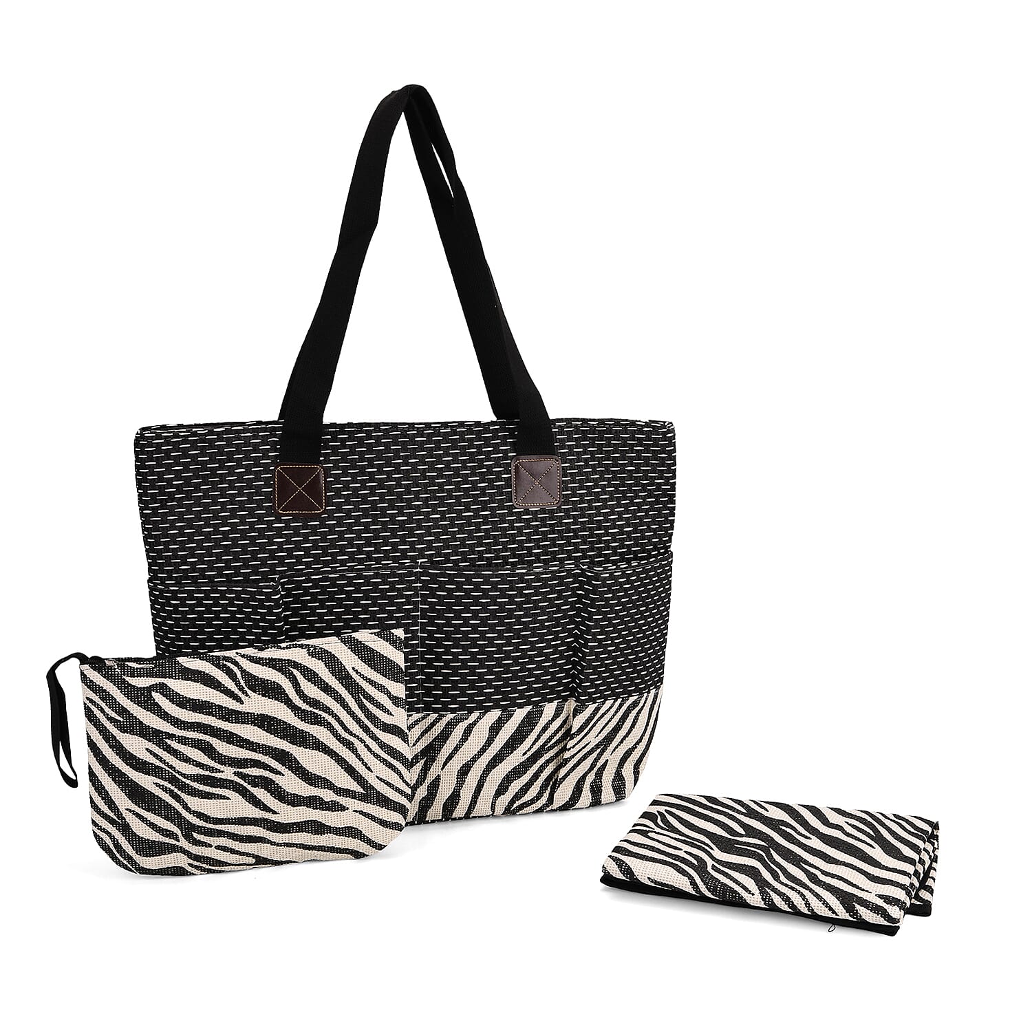 Set of 3- Zebra Striped Pattern Tote Bag, Pouch & Picnic Mat - Black & White