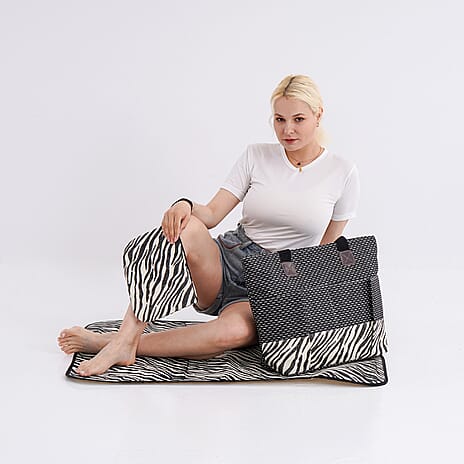 Set of 3- Zebra Striped Pattern Tote Bag, Pouch & Picnic Mat - Black & White