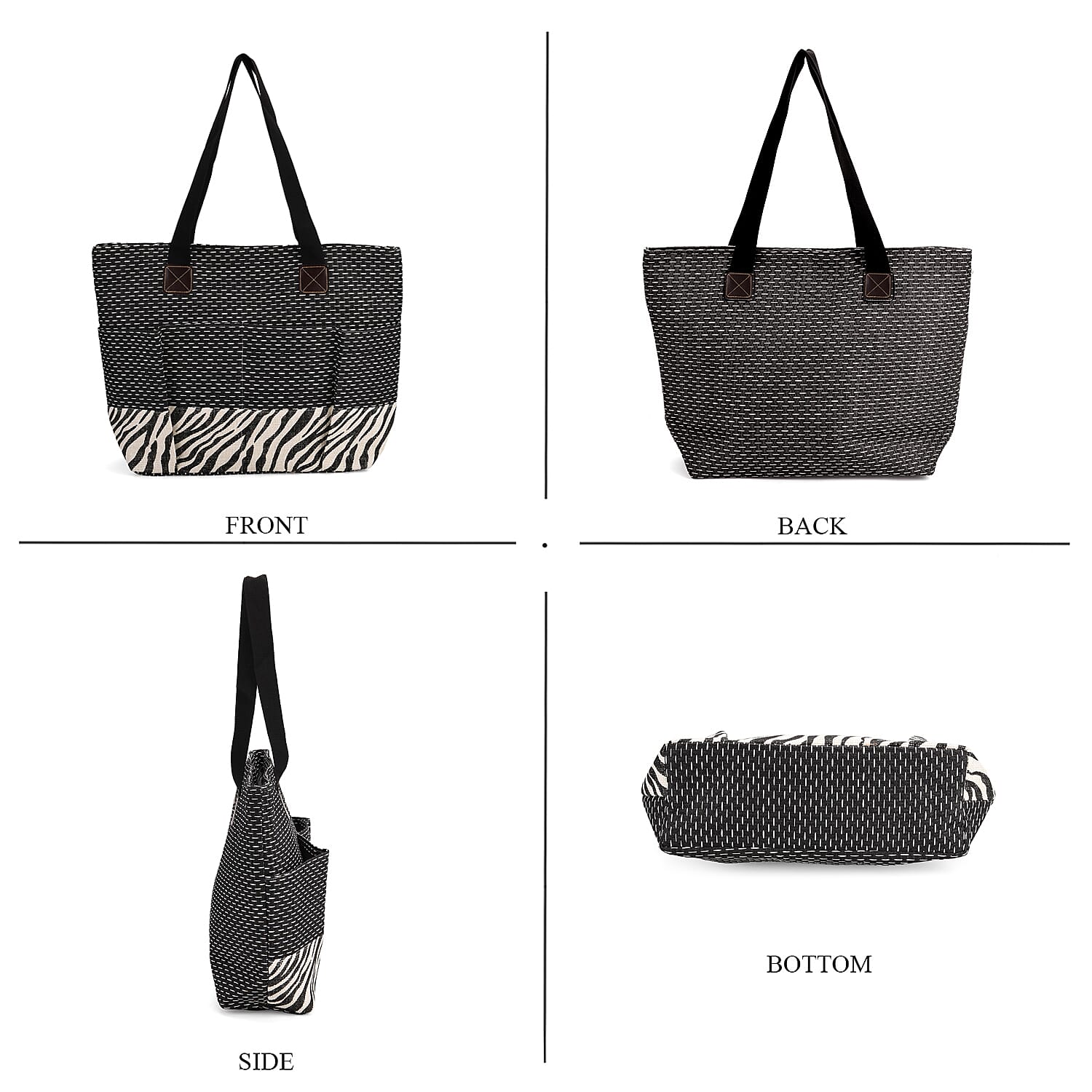 Set of 3- Zebra Striped Pattern Tote Bag, Pouch & Picnic Mat - Black & White