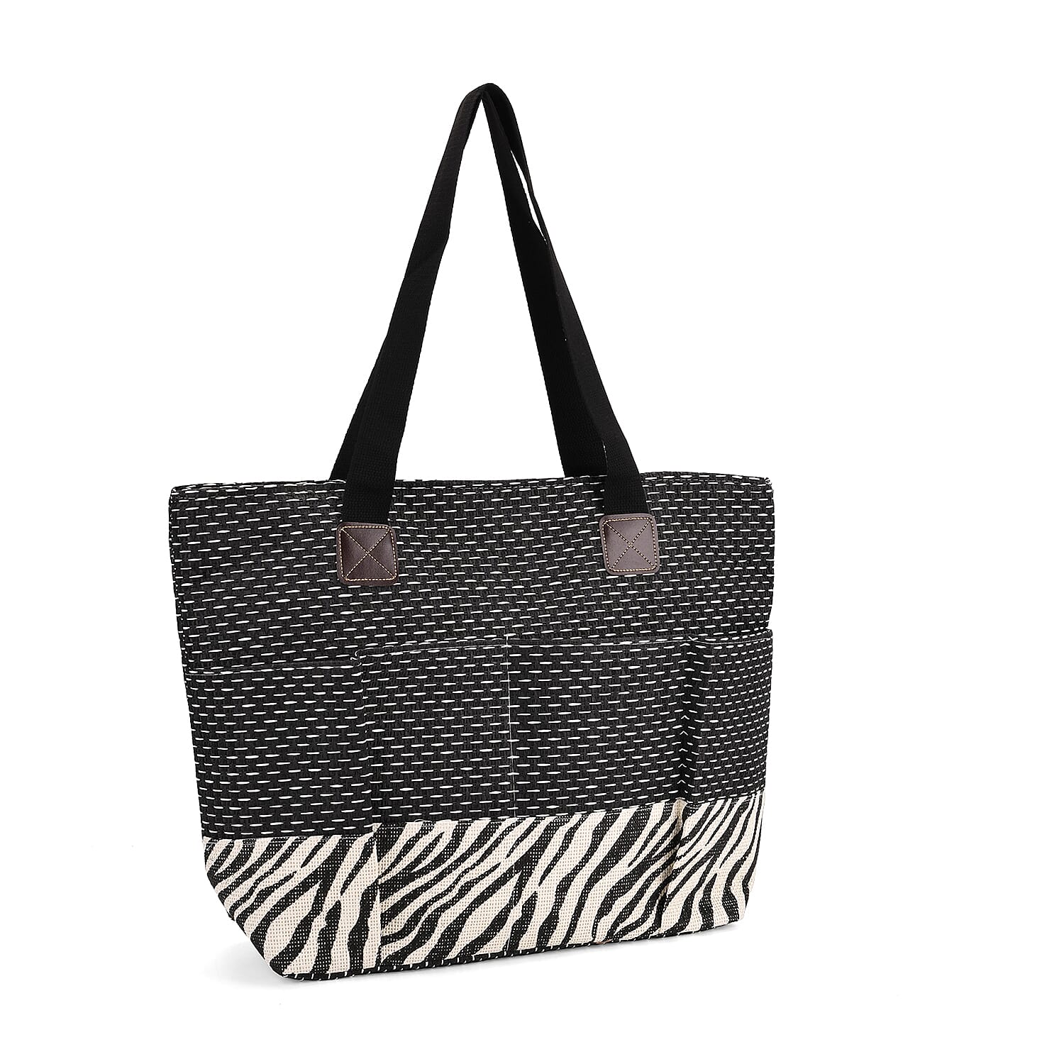 Set of 3- Zebra Striped Pattern Tote Bag, Pouch & Picnic Mat - Black & White