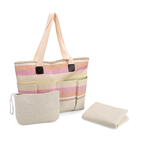 Set of 3- Fringe Color Striped Tote Bag, Pouch - Picnic Mat