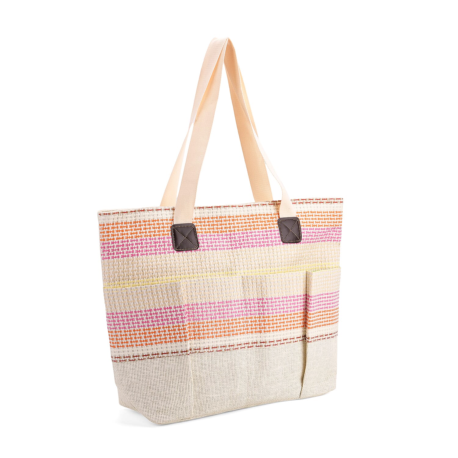Set of 3- Fringe Color Striped Tote Bag, Pouch - Picnic Mat