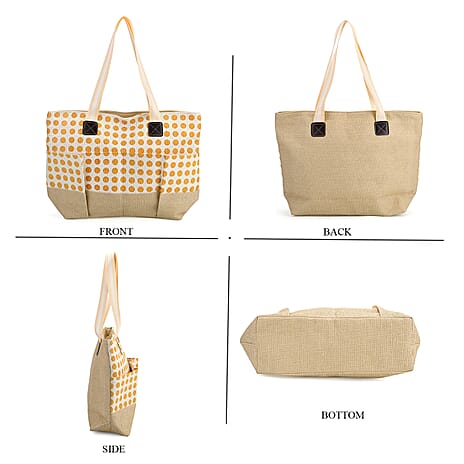 Set of 3- Polka Dot Pattern Tote Bag, Pouch & Picnic Mat - Yellow
