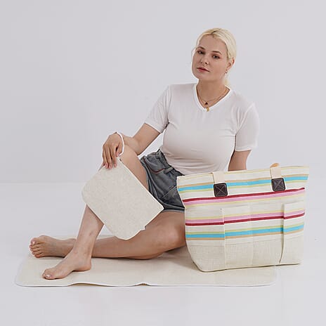 Set of 3- Fringe Color Striped Tote Bag, Pouch & Picnic Mat - Multicolor