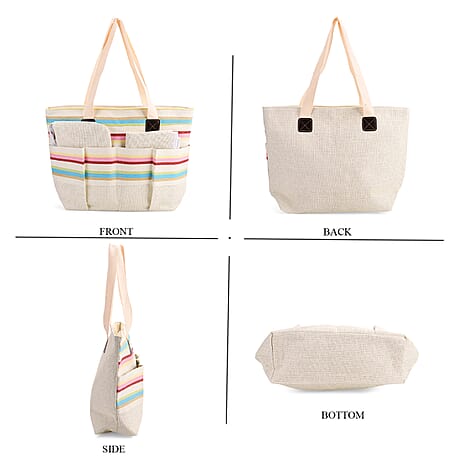 Set of 3- Fringe Color Striped Tote Bag, Pouch & Picnic Mat - Multicolor