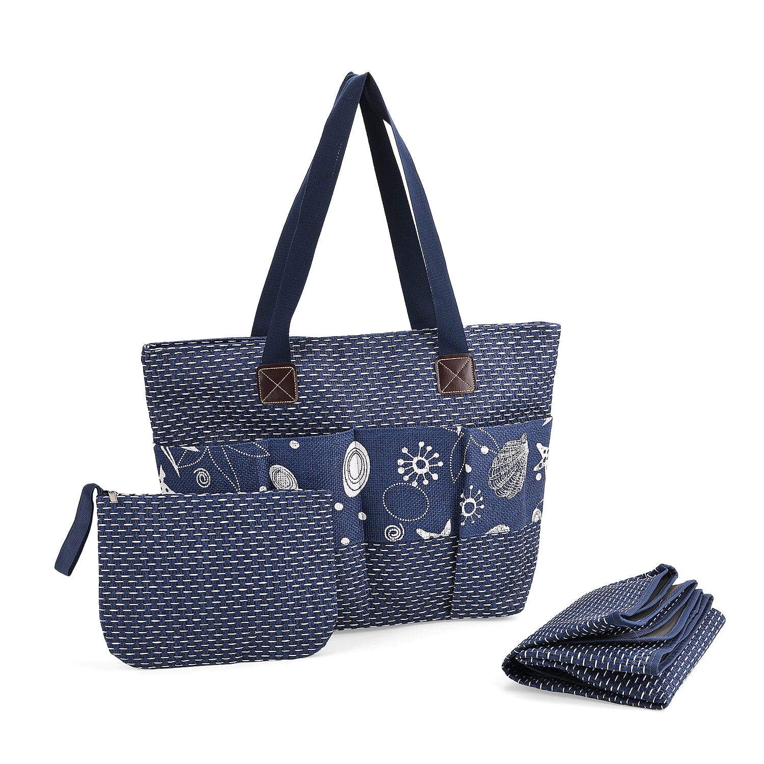 Set of 3- Ocean Patterned Tote Bag, Pouch - Picnic Mat - Blue
