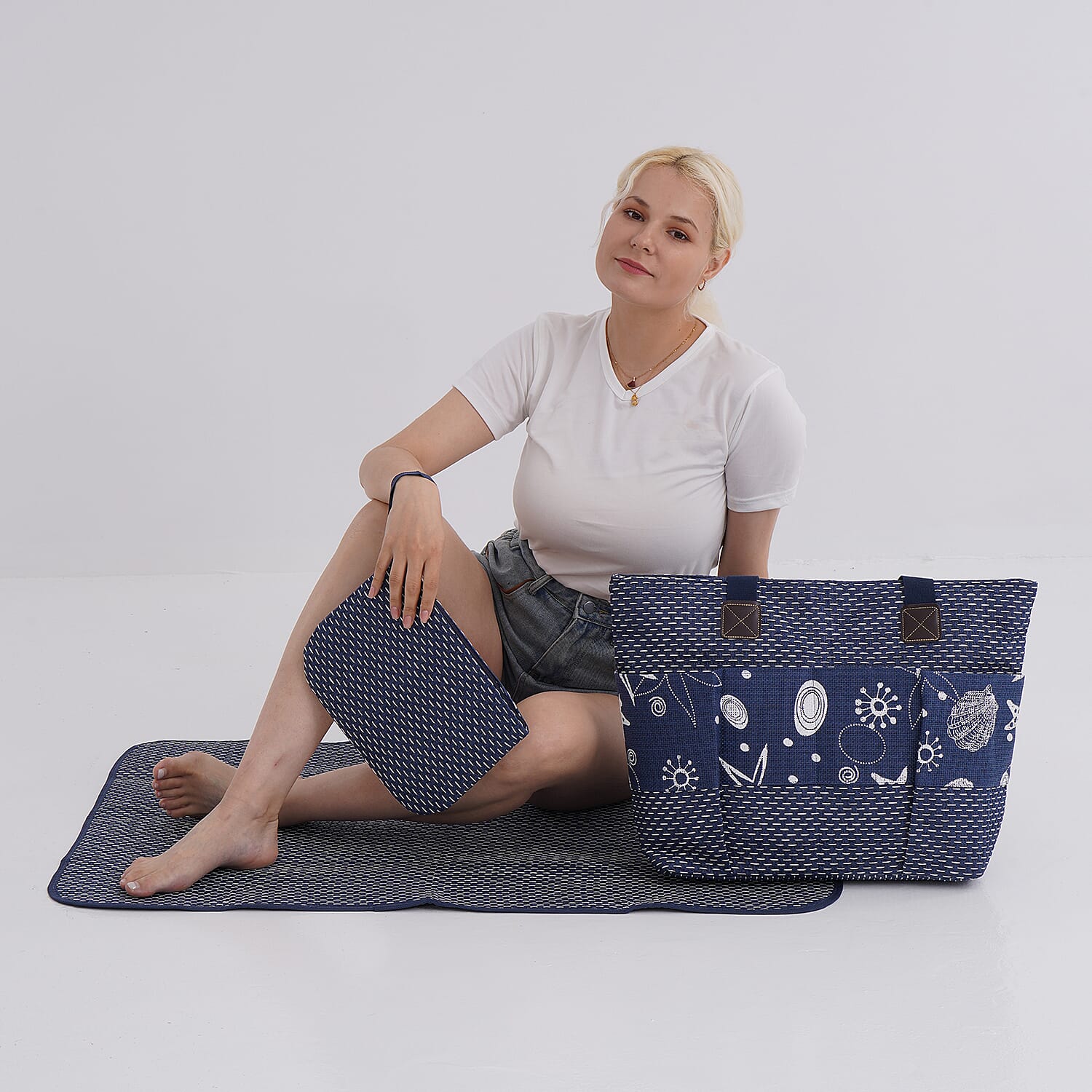 Set of 3- Ocean Patterned Tote Bag, Pouch - Picnic Mat - Blue