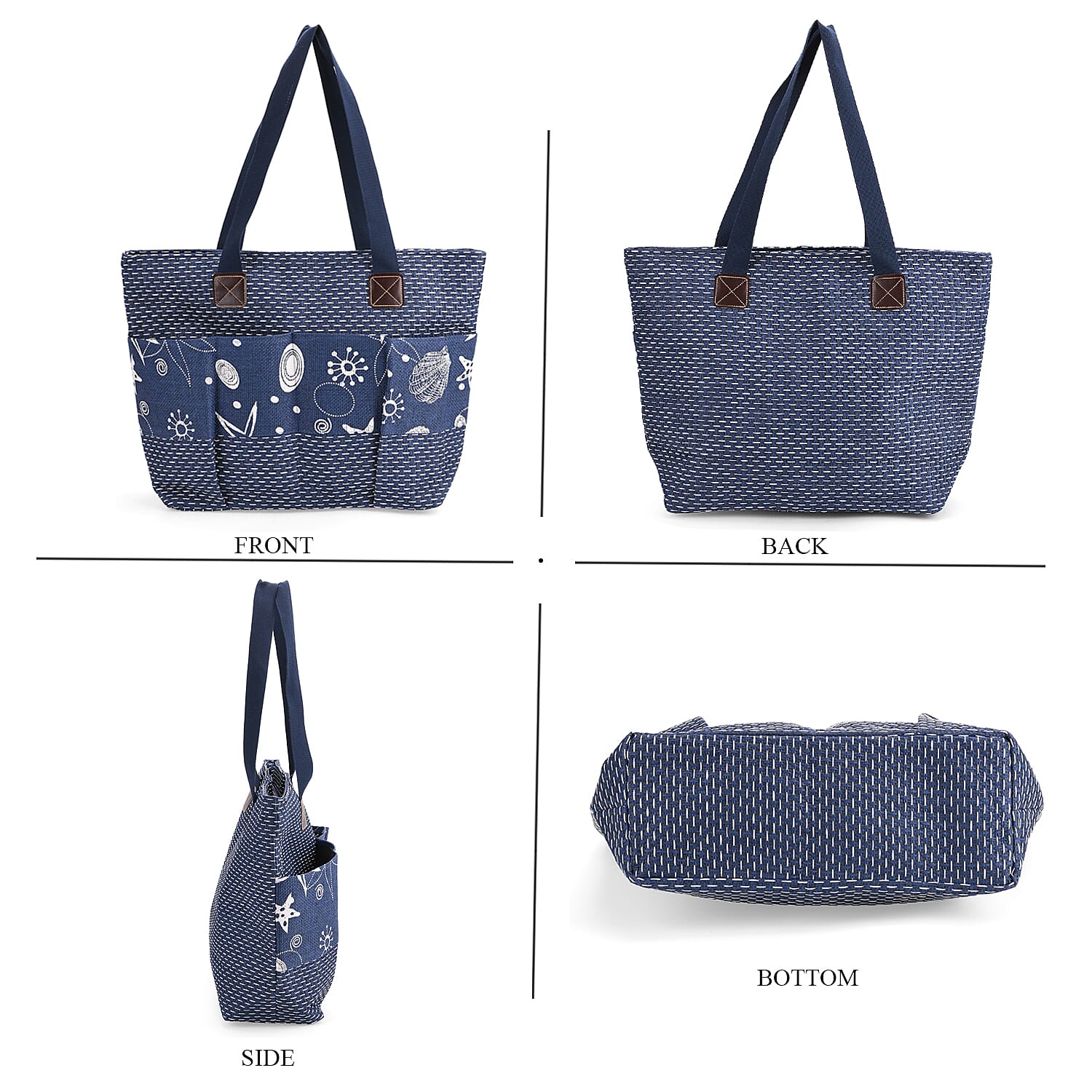 Set of 3- Ocean Patterned Tote Bag, Pouch - Picnic Mat - Blue