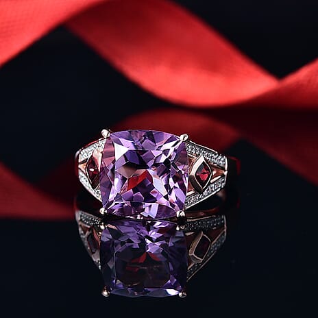 AAA Rose De France Amethyst, Rhodolite Garnet & White Zircon Solitaire Ring in 18K Vermeil Rose Gold Plated Sterling Silver 6.46 Ct.