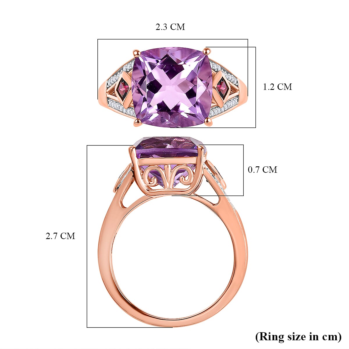 AAA Rose De France Amethyst, Rhodolite Garnet & White Zircon Solitaire Ring in 18K Vermeil Rose Gold Plated Sterling Silver 6.46 Ct. AAA Rose De France Amethyst, Rhodolite Garnet & White Zircon Solitaire Ring in 18K Vermeil Rose Gold Plated Sterling Silver 6.46 Ct.