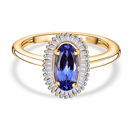 9K Yellow Gold AAA Tanzanite and White Diamond Halo Ring 1.32 Ct.