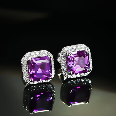 10K White Gold AAA Lab Grown Color Change Sapphire, Lab Grown Diamond EF, VS Solitaire Stud Push Post Earring, Gold Wt.2.47 Gms  5.050  Ct.