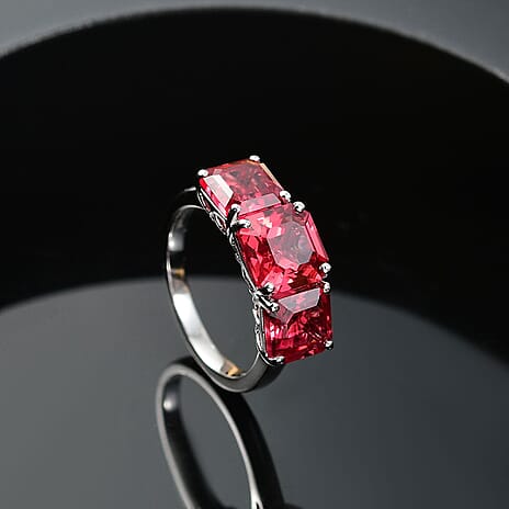 10K White Gold  AAA   Lab Grown Padparadscha Sapphire  3 Stone Ring 7.95 ct,  Gold Wt. 3.46 Gms  7.950  Ct.