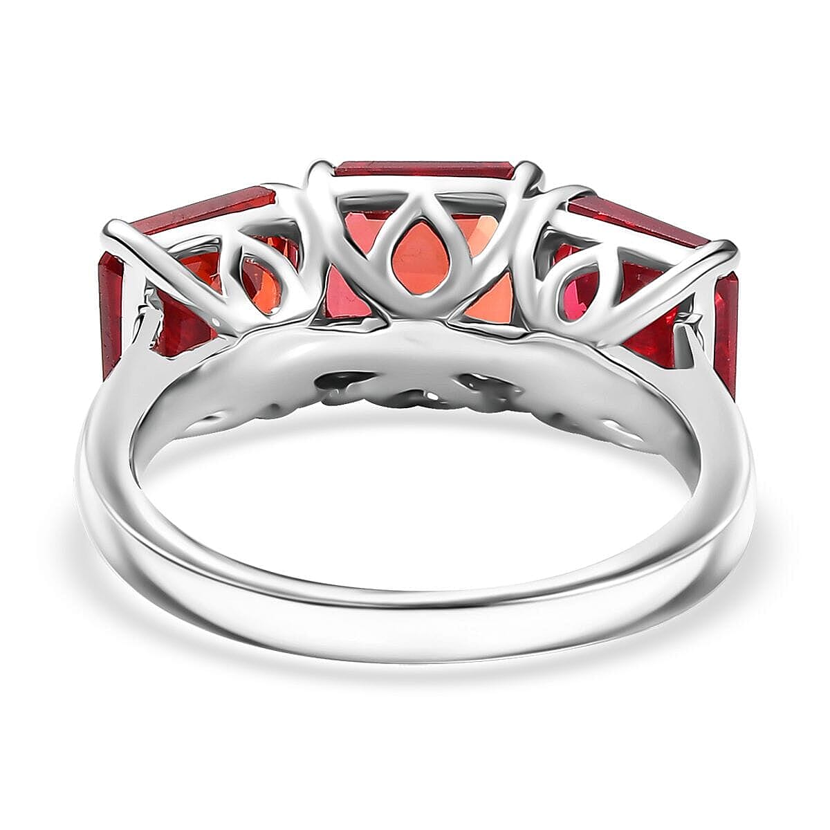 10K White Gold AAA Lab Grown Padparadscha Sapphire 3 Stone Ring 7.95 ct, Gold Wt. 3.46 Gms 7.950 Ct. 10K White Gold AAA Lab Grown Padparadscha Sapphire 3 Stone Ring 7.95 ct, Gold Wt. 3.46 Gms 7.950 Ct.