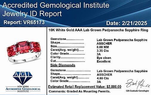 10K White Gold  AAA   Lab Grown Padparadscha Sapphire  3 Stone Ring 7.95 ct,  Gold Wt. 3.46 Gms  7.950  Ct.