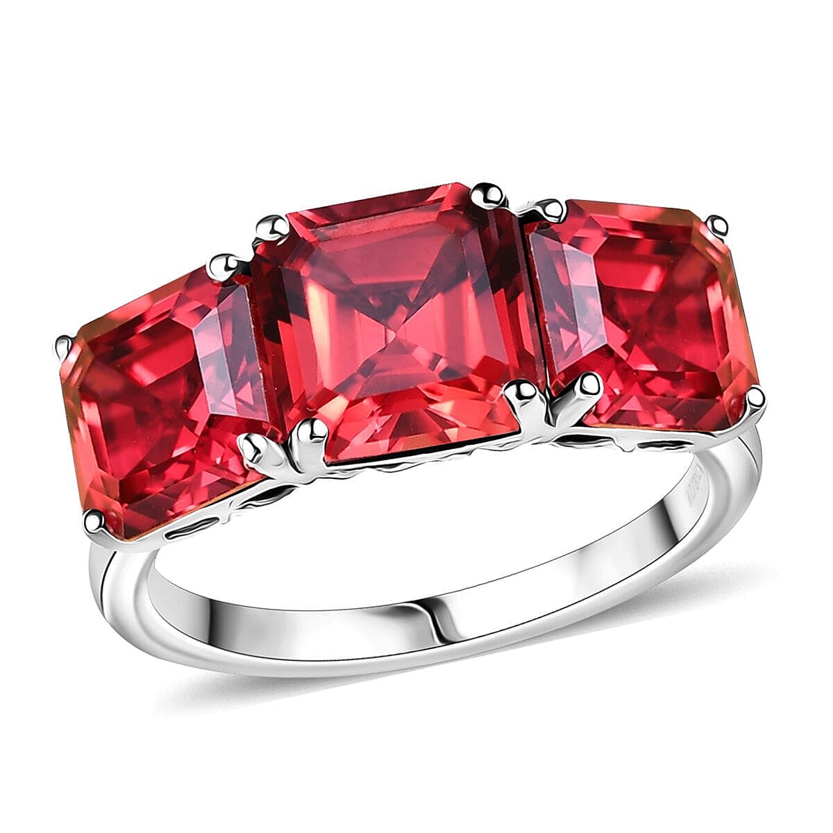 Certified & Appraised LUXURIANT 10K White Gold AAA Lab Grown Padparadscha Sapphire 3 Stone Ring 7.95 Ct.