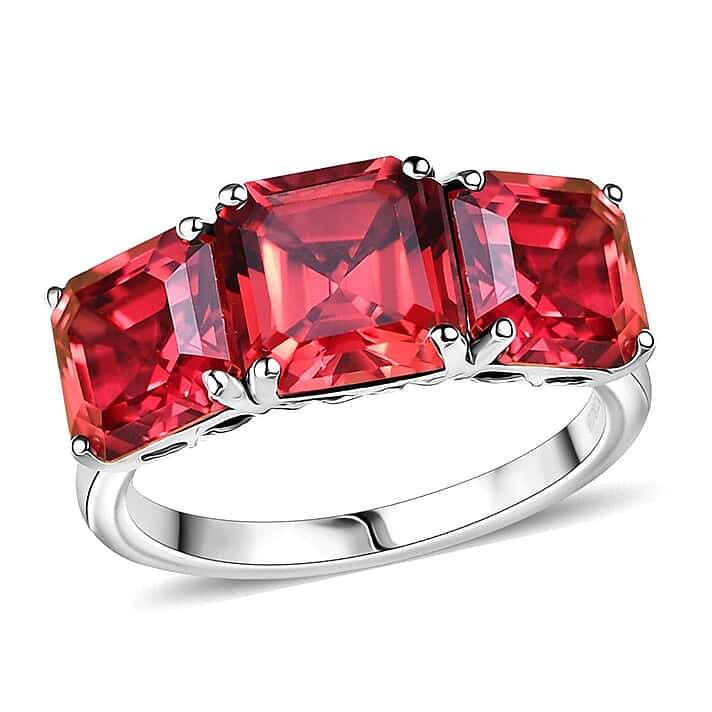 Certified & Appraised LUXURIANT 10K White Gold AAA Lab Grown Padparadscha Sapphire 3 Stone Ring 7.95 Ct.