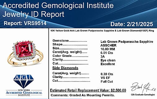 10K Yellow Gold AAA Lab Grown Padparadscha Sapphire, Lab Grown Diamond Main Stone With Side Stone Ring, Gold Wt.3.73 Gms  5.930  Ct.