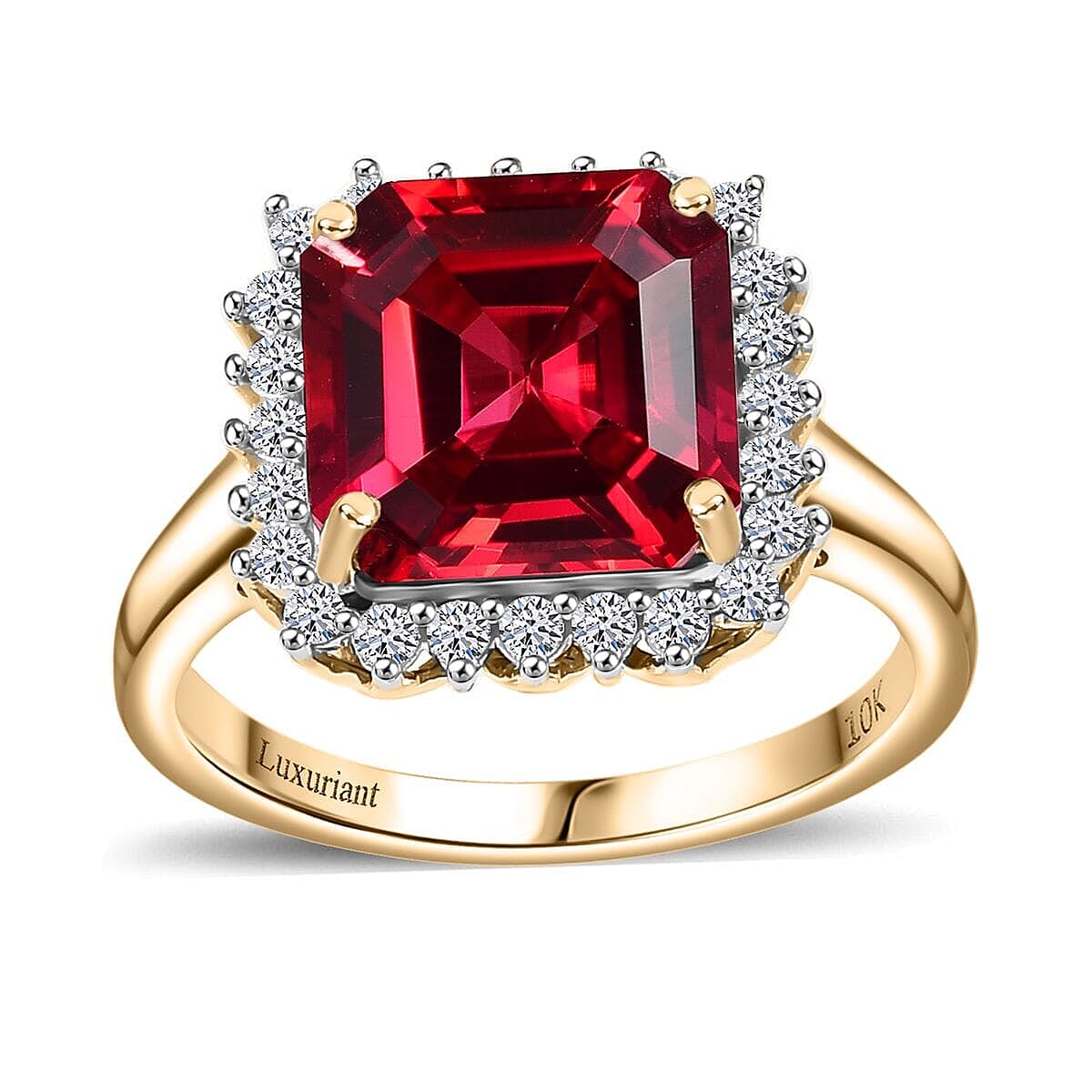 Certified & Appraised LUXURIANT 10K Yellow Gold AAA Lab Grown Padparadscha Sapphire, Lab Grown Diamond Halo Ring