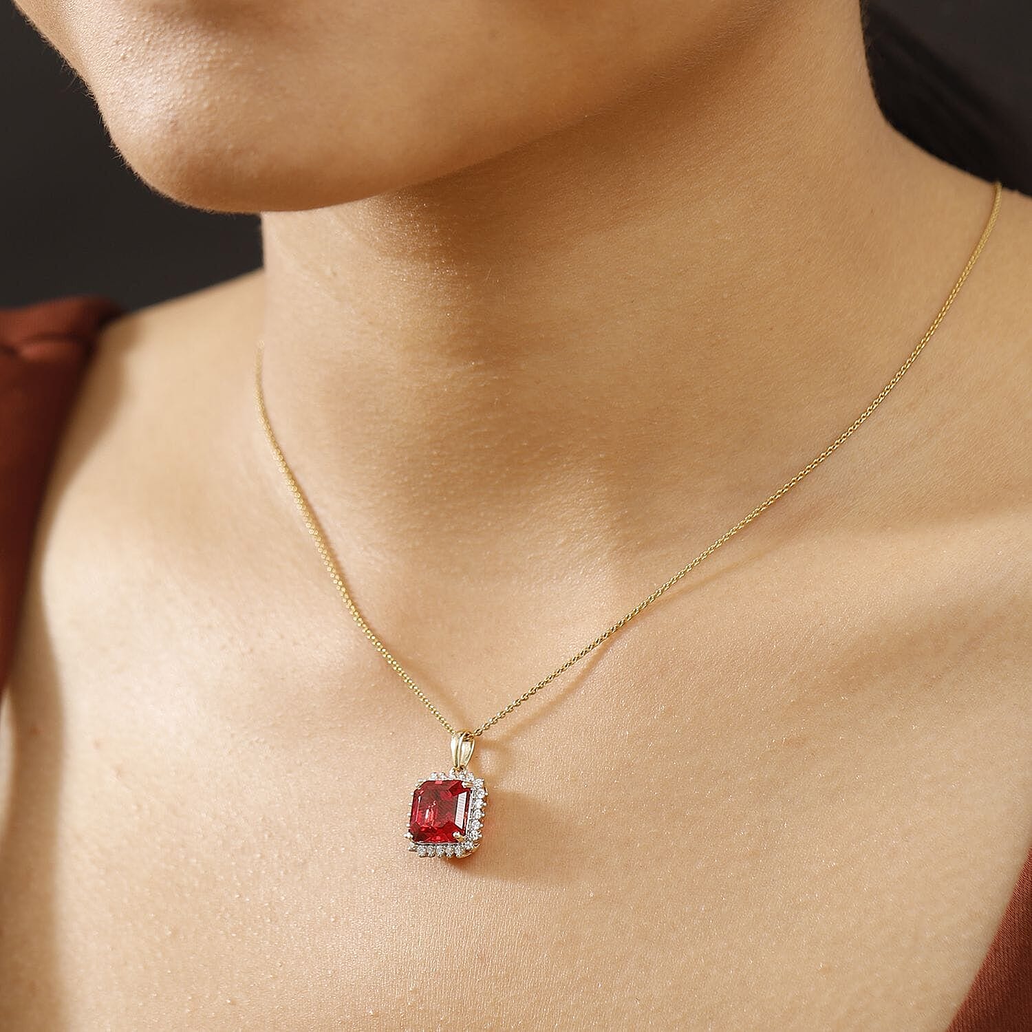 10K Yellow Gold AAA Lab Grown Padparadscha Sapphire, Lab Grown Diamond Main Stone With Side Stone Pendant, Gold Wt.1.95 Gms  5.860  Ct.