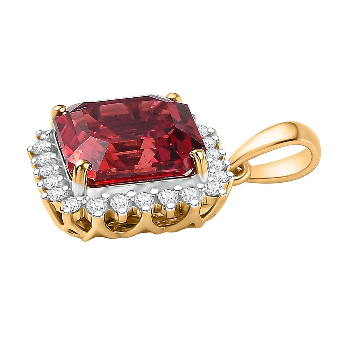 10K Yellow Gold AAA Lab Grown Padparadscha Sapphire, Lab Grown Diamond Main Stone With Side Stone Pendant, Gold Wt.1.95 Gms  5.860  Ct.