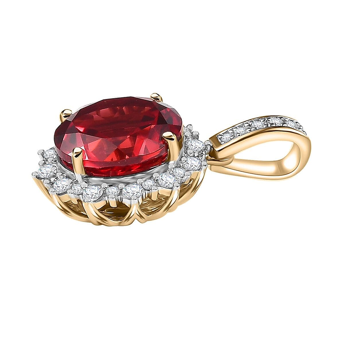 Luxuriant 9K Yellow Gold AAA Lab Grown Padparadscha Sapphire & Lab Grown Diamond (VS-EF) AGI Certified Pendant with Chain (Size - 18) with Spring Ring Clasp 4.27 Ct.