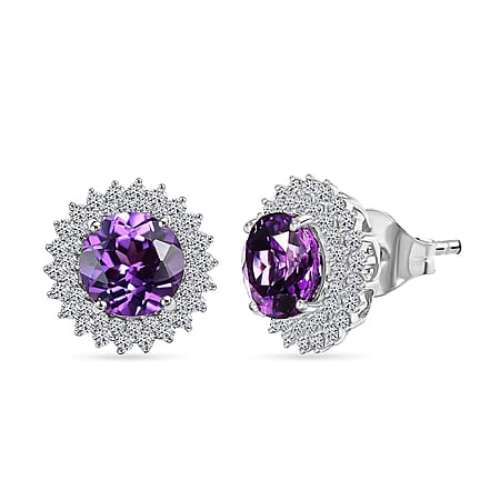 Certified and Appraised LUXURIANT 10K White Gold AAA Lab Grown Purple Sapphire, Lab Grown Diamond EF, VS Halo Push Post Earring 4.18 Ct. Certified and Appraised LUXURIANT 10K White Gold AAA Lab Grown Purple Sapphire, Lab Grown Diamond EF, VS Halo Push Post Earring 4.18 Ct.