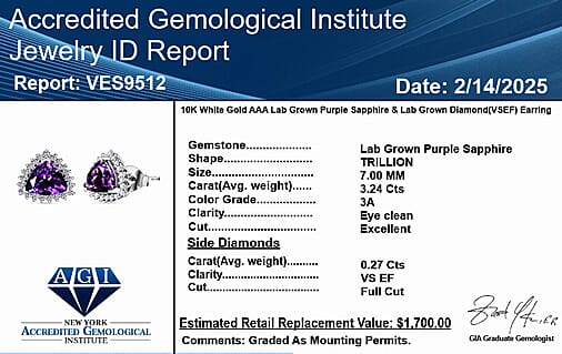 10K White Gold  AAA   Lab Grown Color Change Sapphire ,  Lab Grown Diamond  EF, VS Solitaire Stud Push Post Earring 3.45 ct,  Gold Wt. 2.05 Gms  3.270  Ct.