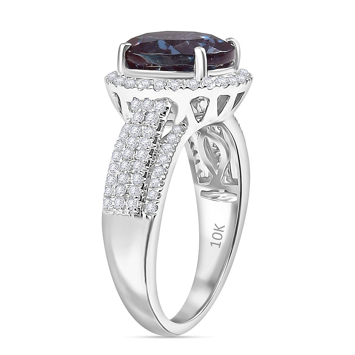 Luxuriant 9K White Gold AGI Certified AAA Lab Grown Alexandrite & VS-E-F Lab Grown Diamond Ring 5.63 Ct.