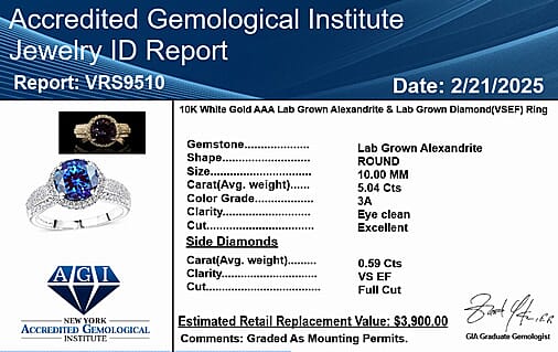 Luxuriant 9K White Gold AGI Certified AAA Lab Grown Alexandrite & VS-E-F Lab Grown Diamond Ring 5.63 Ct.