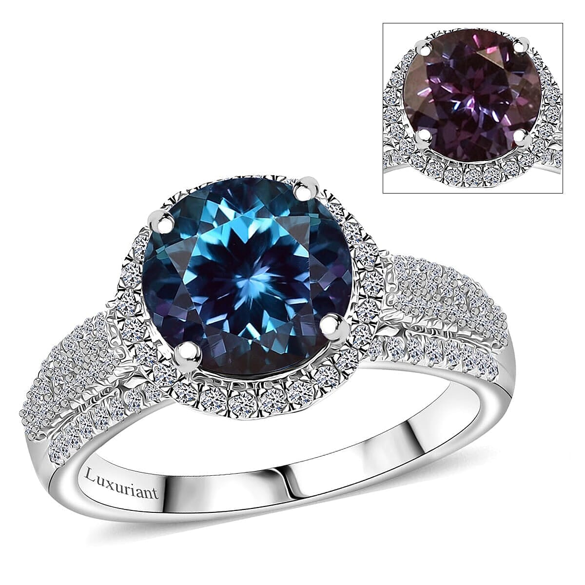 Certified & Appraised LUXURIANT 10K White Gold AAA Lab Grown Colour Change Alexandrite, Lab Grown Diamond EF, VS Halo Ring 4.44 Ct.
