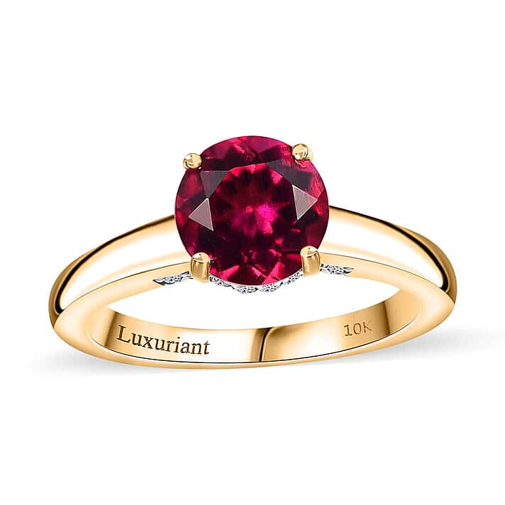 Appraised & Certified LUXURIANT 10K Yellow Gold AAA Lab Grown Bixbite, Lab Grown Diamond EF, VS Solitaire Ring, 2.09 Ct.