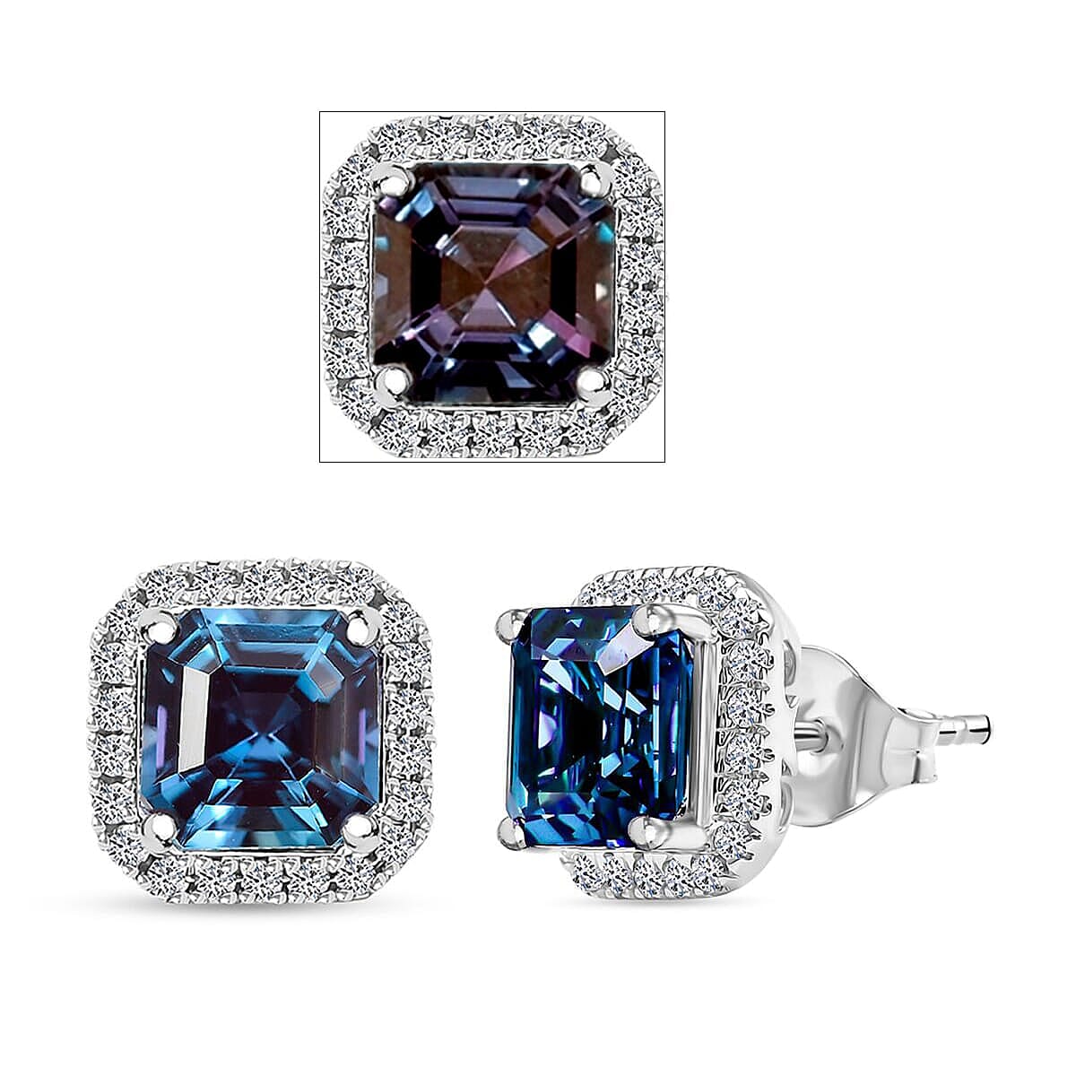 10K White Gold AAA Lab Grown Alexandrite, Lab Grown Diamond EF, VS Solitaire Stud Push Post Earring, Gold Wt.2.49 Gms  4.350  Ct.