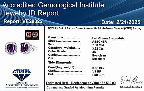 10K White Gold AAA Lab Grown Alexandrite, Lab Grown Diamond EF, VS Solitaire Stud Push Post Earring, Gold Wt.2.49 Gms  4.350  Ct.