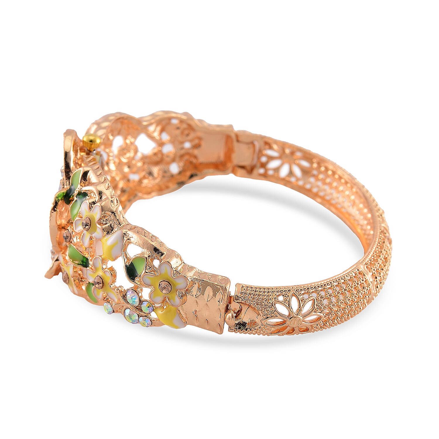 STRADA Japanese Movt. Water-Resistant Floral Bangle Watch with Yellow and Green Enamel & Crystal Strap STRADA Japanese Movt. Water-Resistant Floral Bangle Watch with Yellow and Green Enamel & Crystal Strap