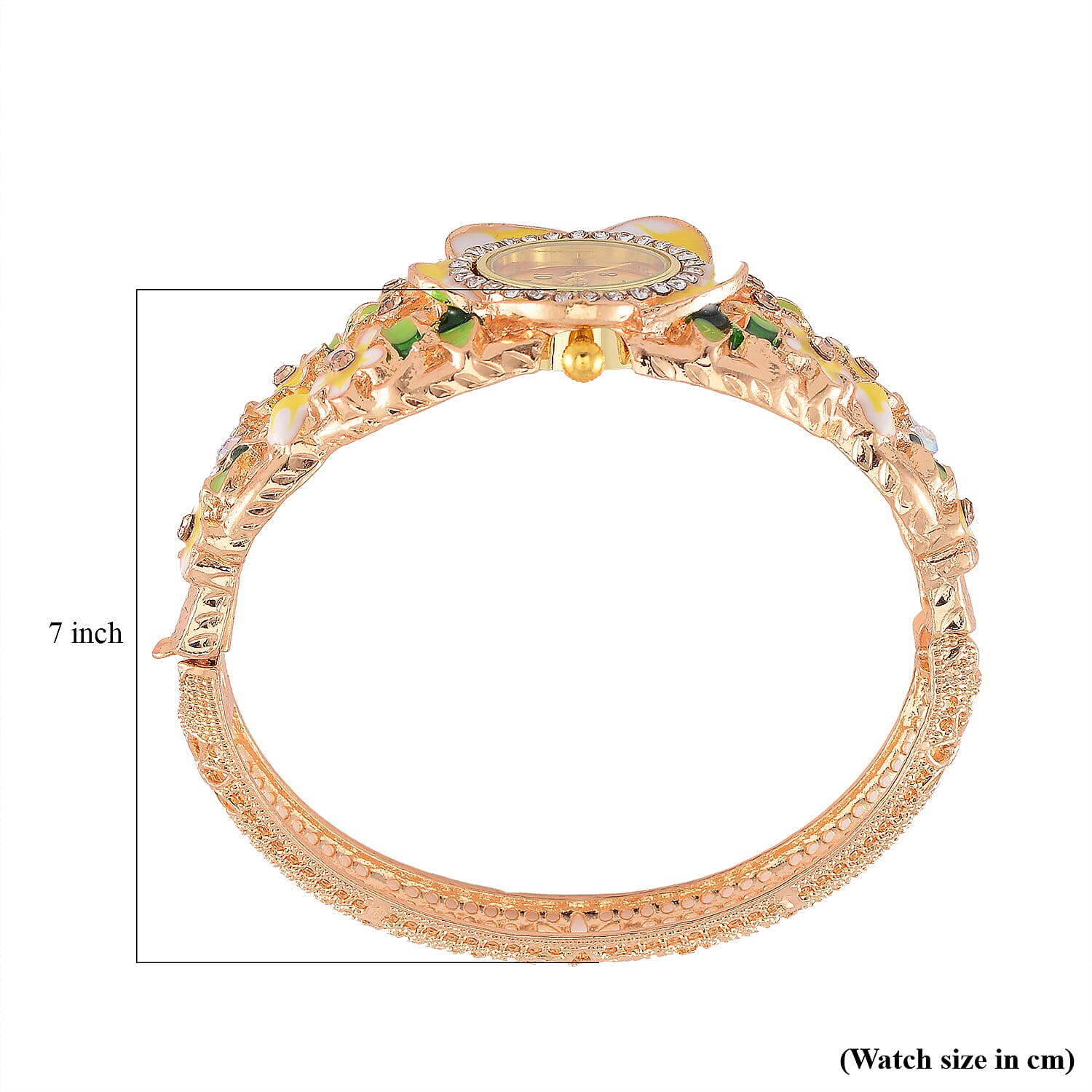 STRADA Japanese Movt. Water-Resistant Floral Bangle Watch with Yellow and Green Enamel & Crystal Strap STRADA Japanese Movt. Water-Resistant Floral Bangle Watch with Yellow and Green Enamel & Crystal Strap