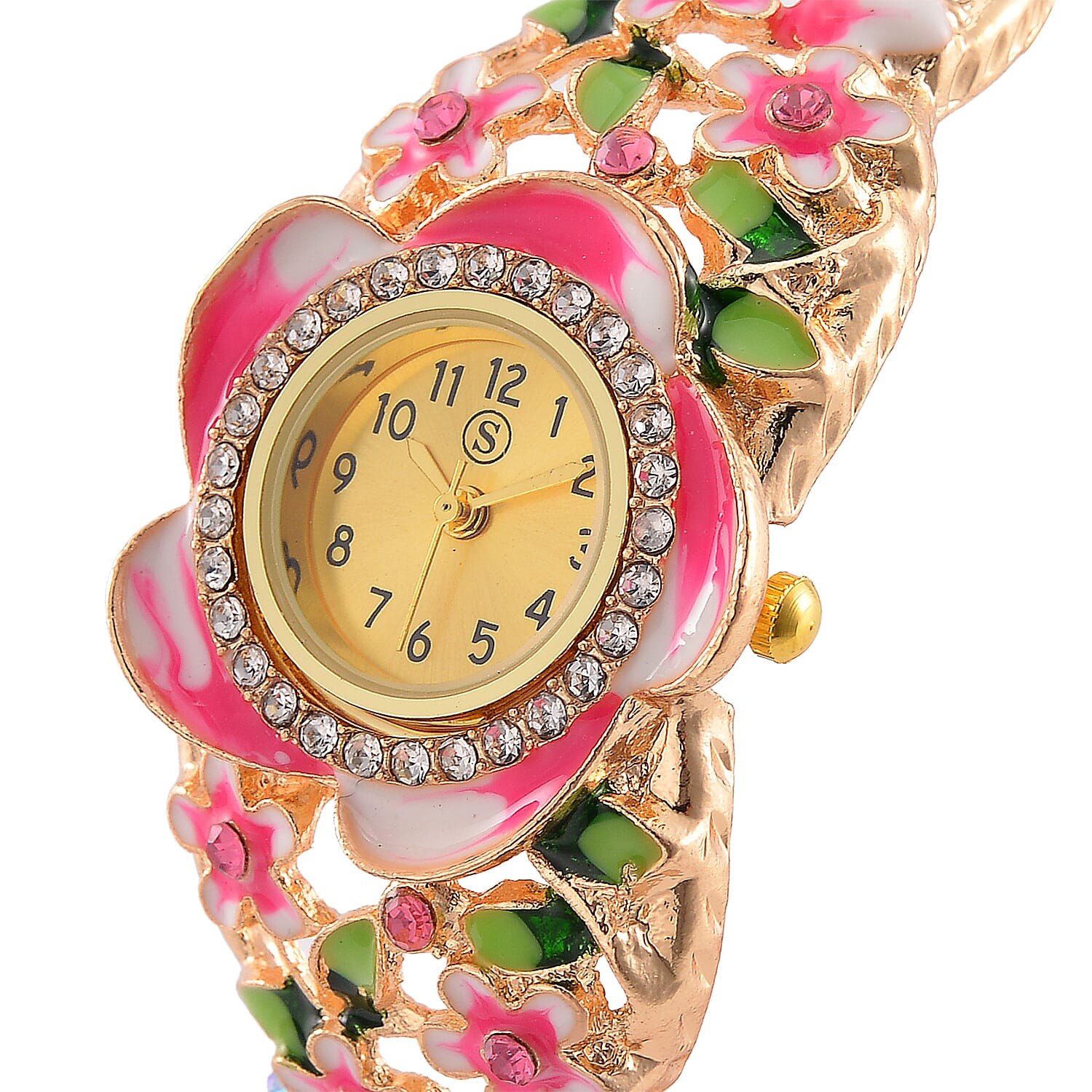 STRADA Japanese Movt. Water-Resistant Floral Bangle Watch with Multi Colour Enamel & Crystal Strap