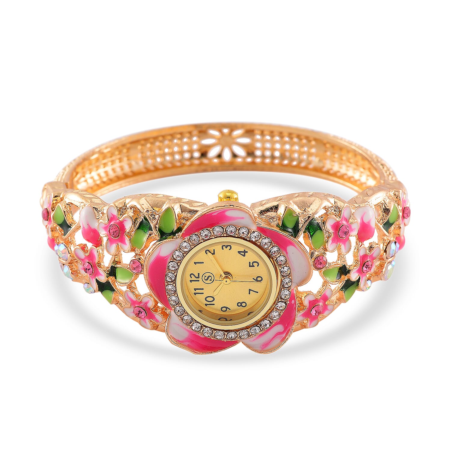STRADA Japanese Movt. Water-Resistant Floral Bangle Watch with Multi Colour Enamel & Crystal Strap