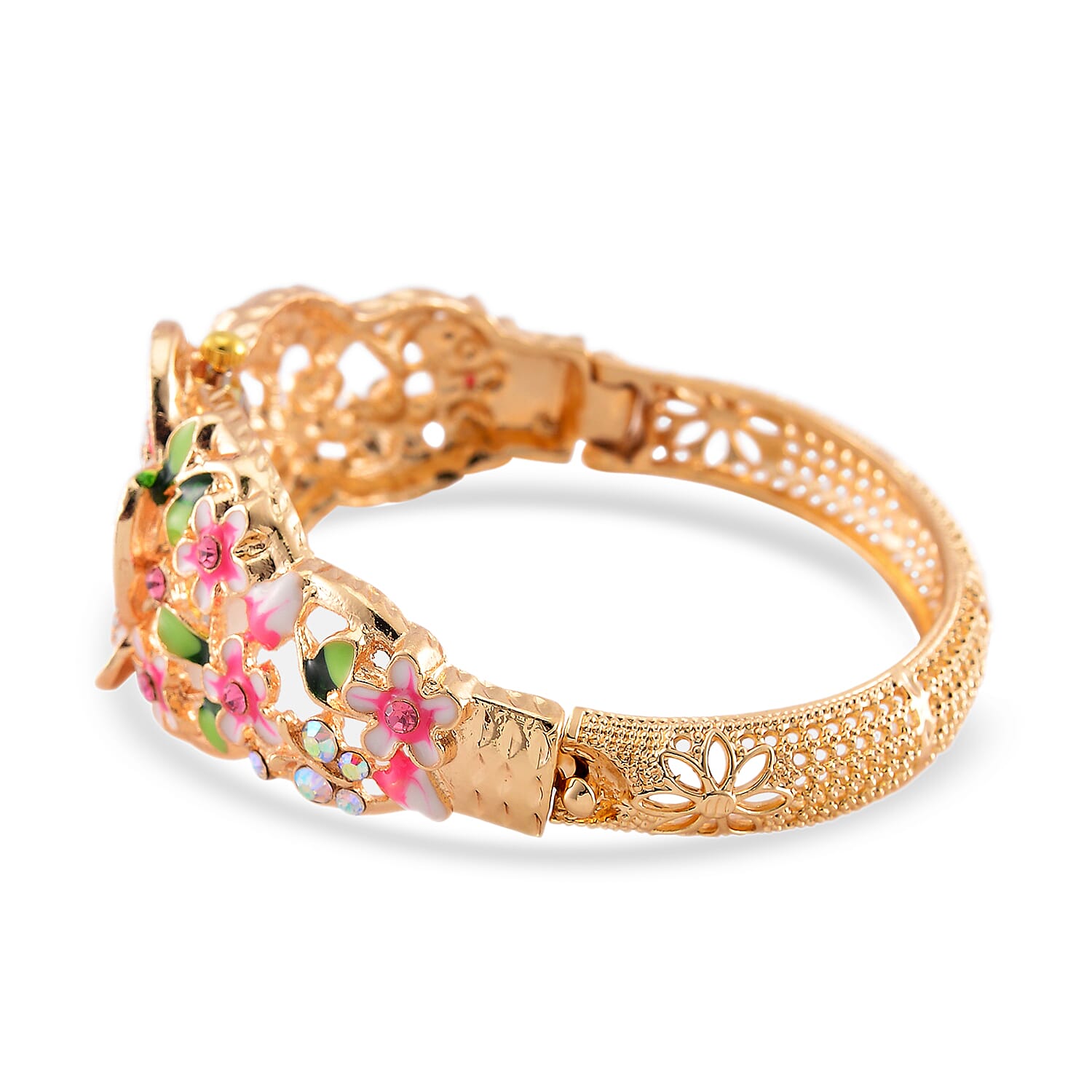STRADA Japanese Movt. Water-Resistant Floral Bangle Watch with Multi Colour Enamel & Crystal Strap