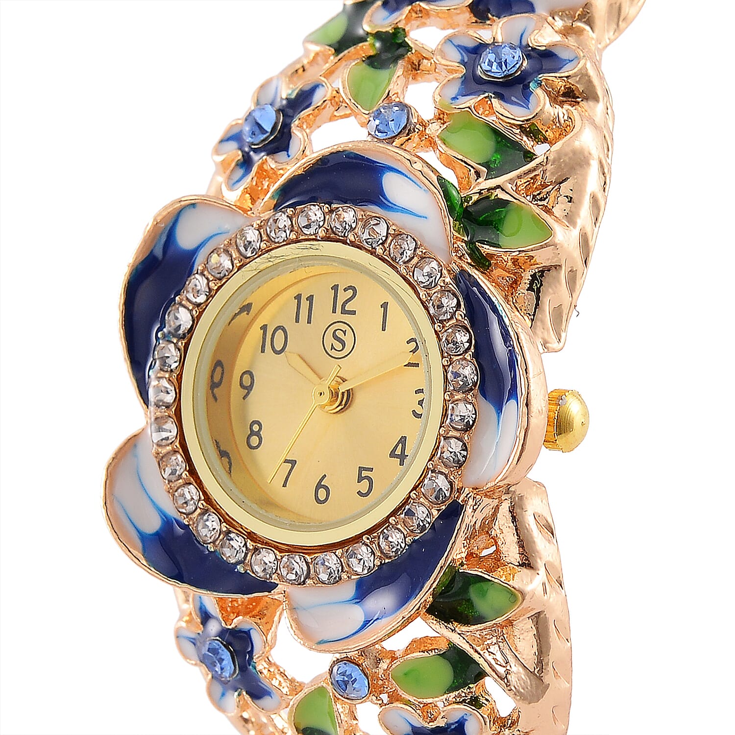 STRADA Japanese Movt. Water-Resistant Floral Bangle Watch with Multi Colour Enamel & Crystal Strap