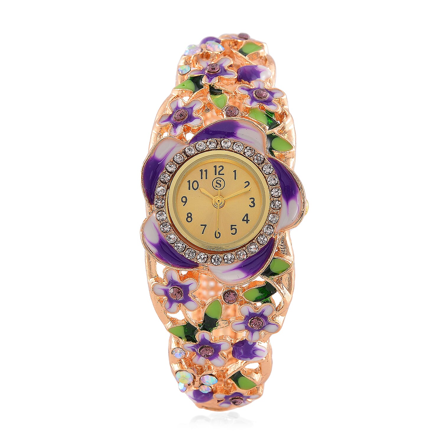 STRADA Japanese Movt. Water-Resistant Floral Bangle Watch with Multi Colour Enamel & Crystal Strap