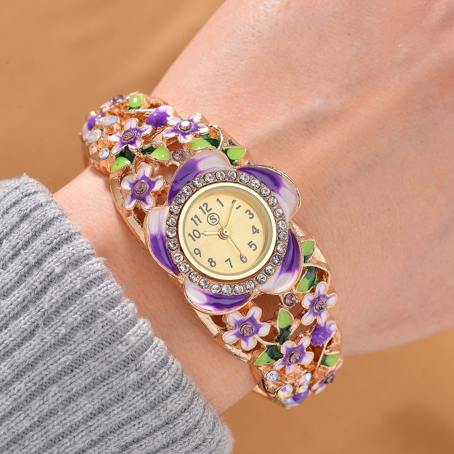 STRADA Japanese Movt. Water-Resistant Floral Bangle Watch with Multi Colour Enamel & Crystal Strap