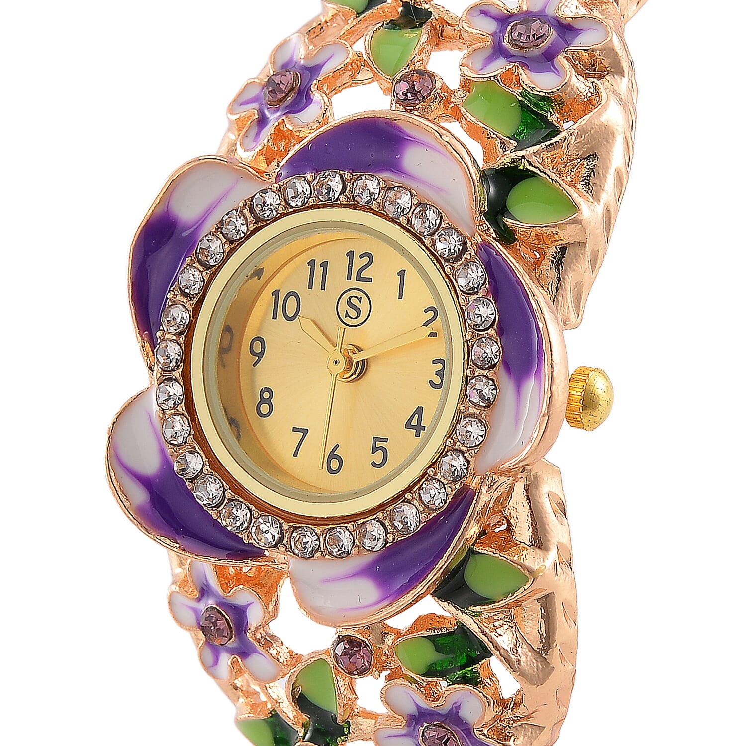 STRADA Japanese Movt. Water-Resistant Floral Bangle Watch with Multi Colour Enamel & Crystal Strap