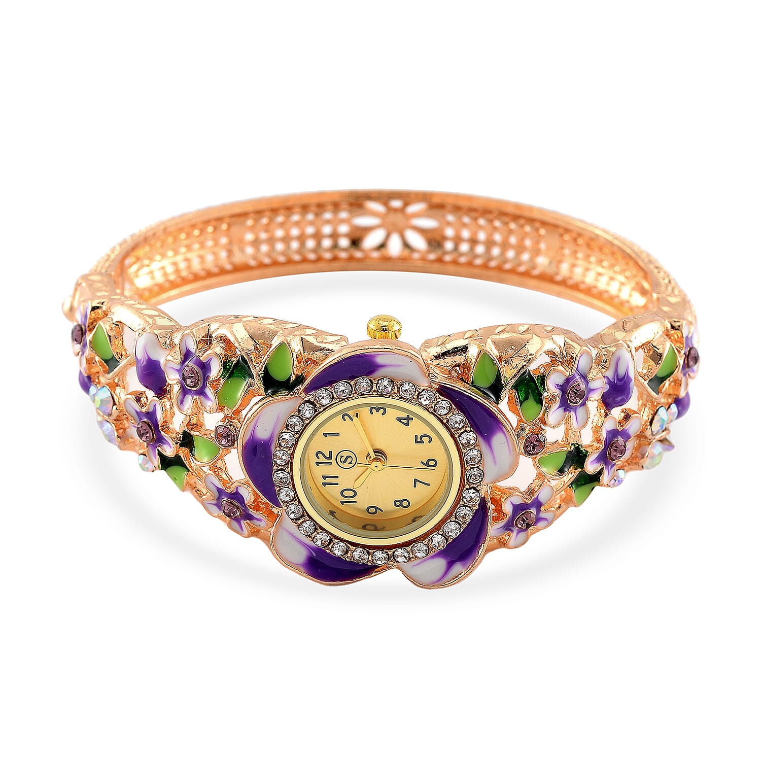 STRADA Japanese Movt. Water-Resistant Floral Bangle Watch with Multi Colour Enamel & Crystal Strap