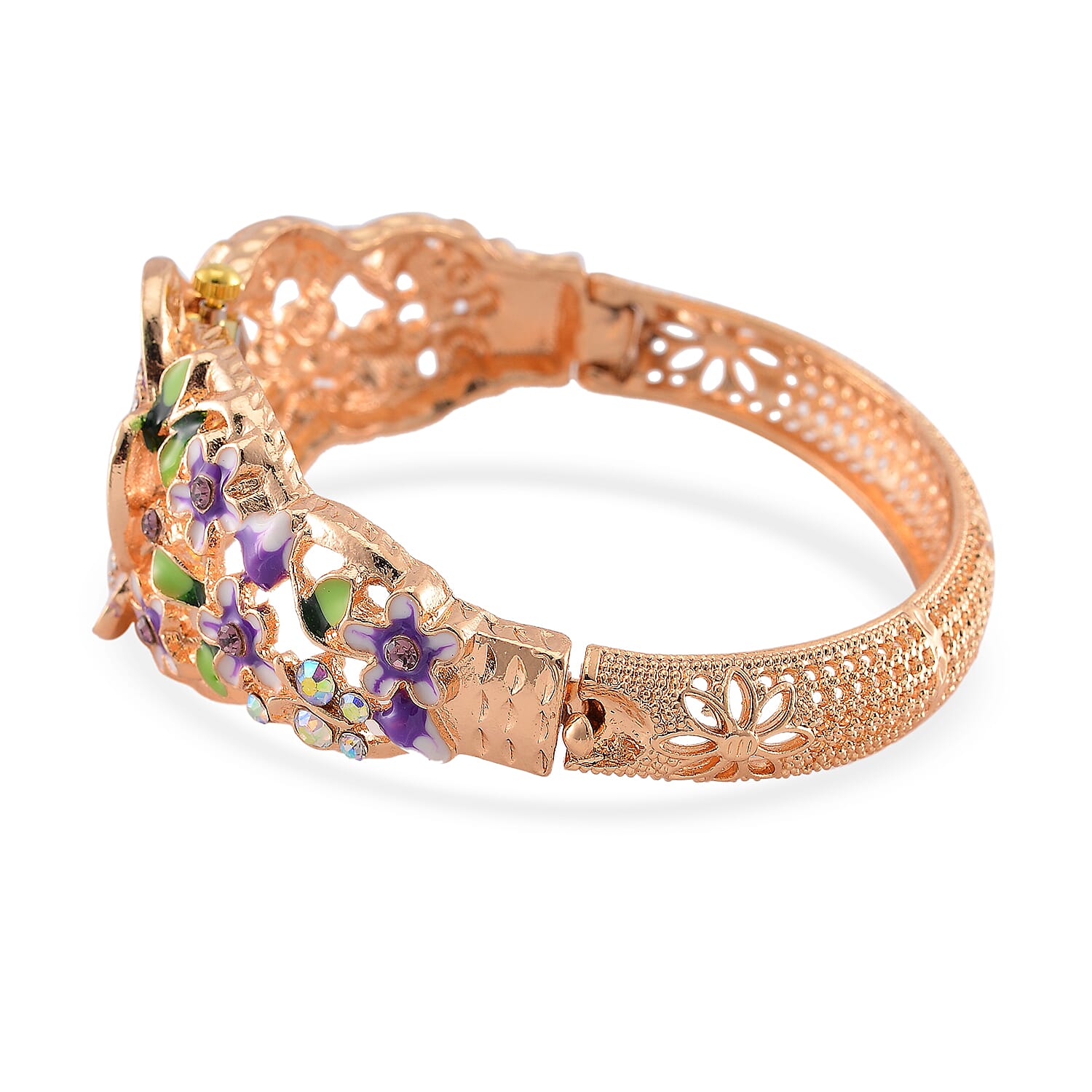 STRADA Japanese Movt. Water-Resistant Floral Bangle Watch with Multi Colour Enamel & Crystal Strap