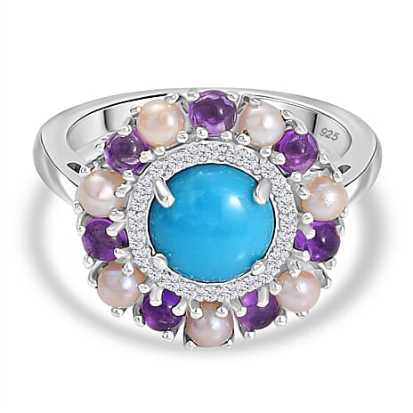 D'joy The REGAL Sleeping beauty Turquoise with Pearls and Amethyst Solitaire Ring in Rhodium Overlay Sterling Silver 2.67 Ct.