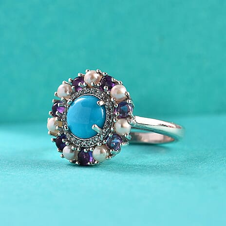 D'joy The REGAL Sleeping beauty Turquoise with Pearls and Amethyst Solitaire Ring in Rhodium Overlay Sterling Silver 2.67 Ct.