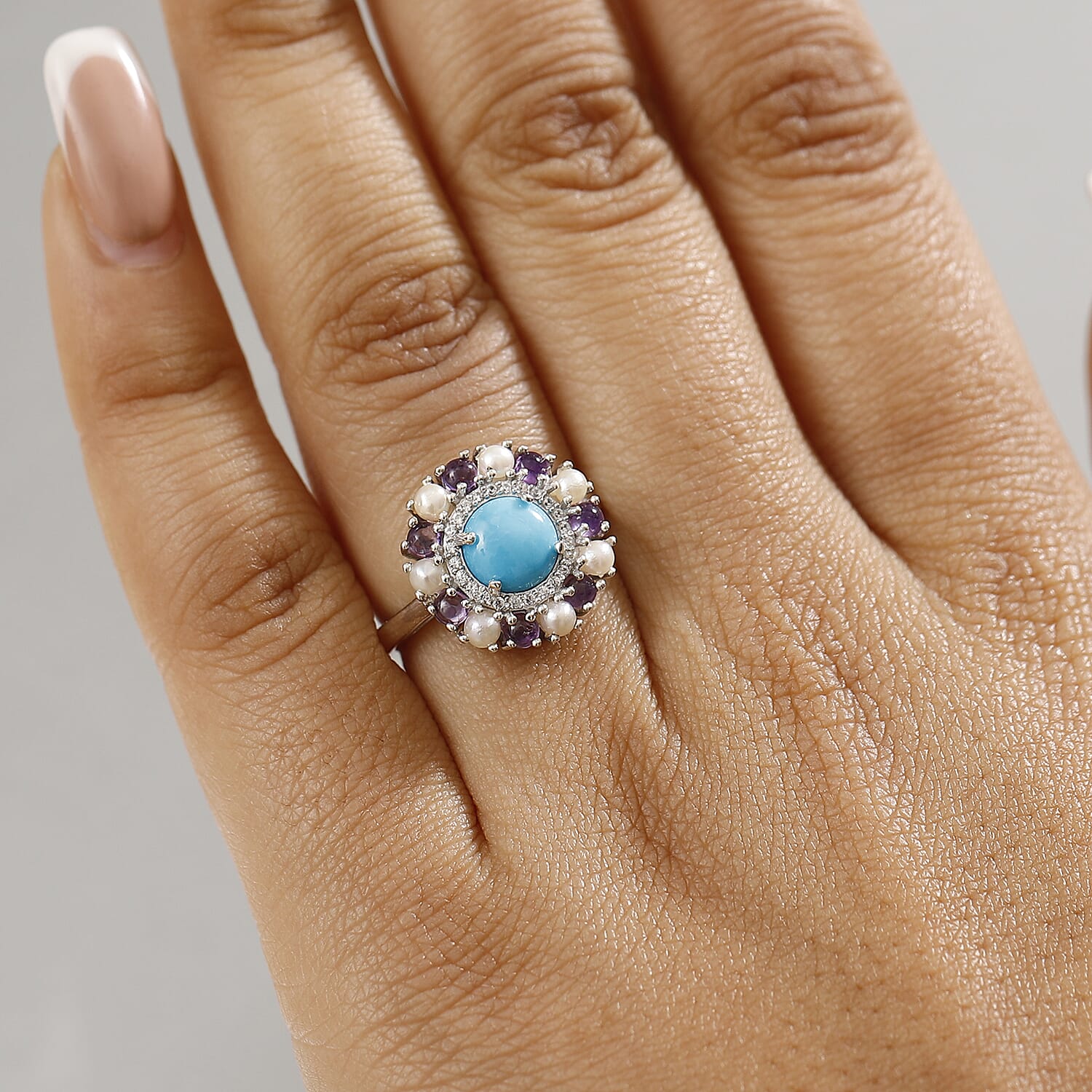 D'joy The REGAL Sleeping beauty Turquoise with Pearls and Amethyst Solitaire Ring in Rhodium Overlay Sterling Silver 2.67 Ct.