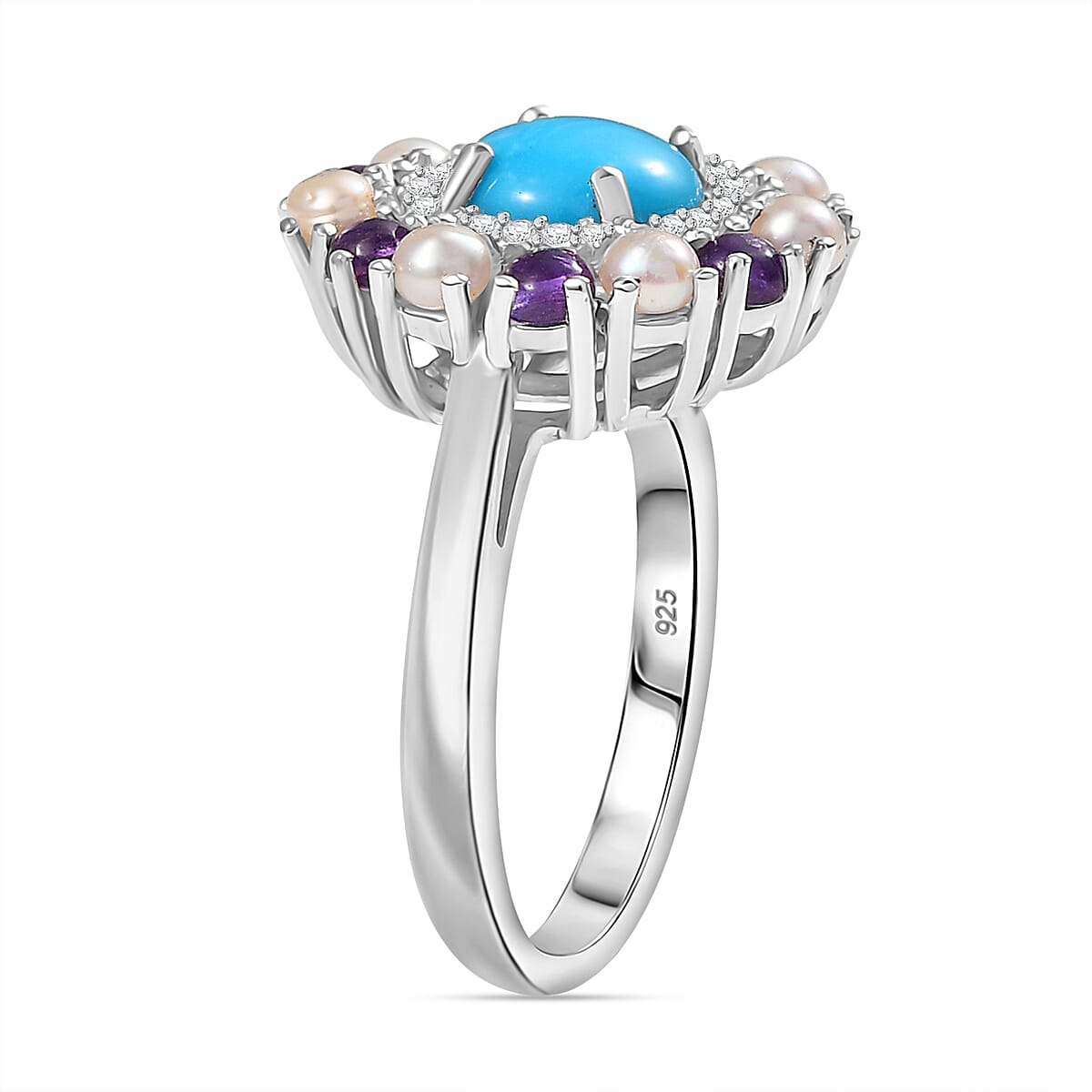 D'joy The REGAL Sleeping beauty Turquoise with Pearls and Amethyst Solitaire Ring in Rhodium Overlay Sterling Silver 2.67 Ct.